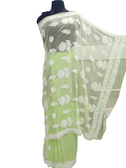 Shyamal Chikan Hand Embroidered Green Georgette Lucknowi Chikankari Saree With Blouse Piece - 23839