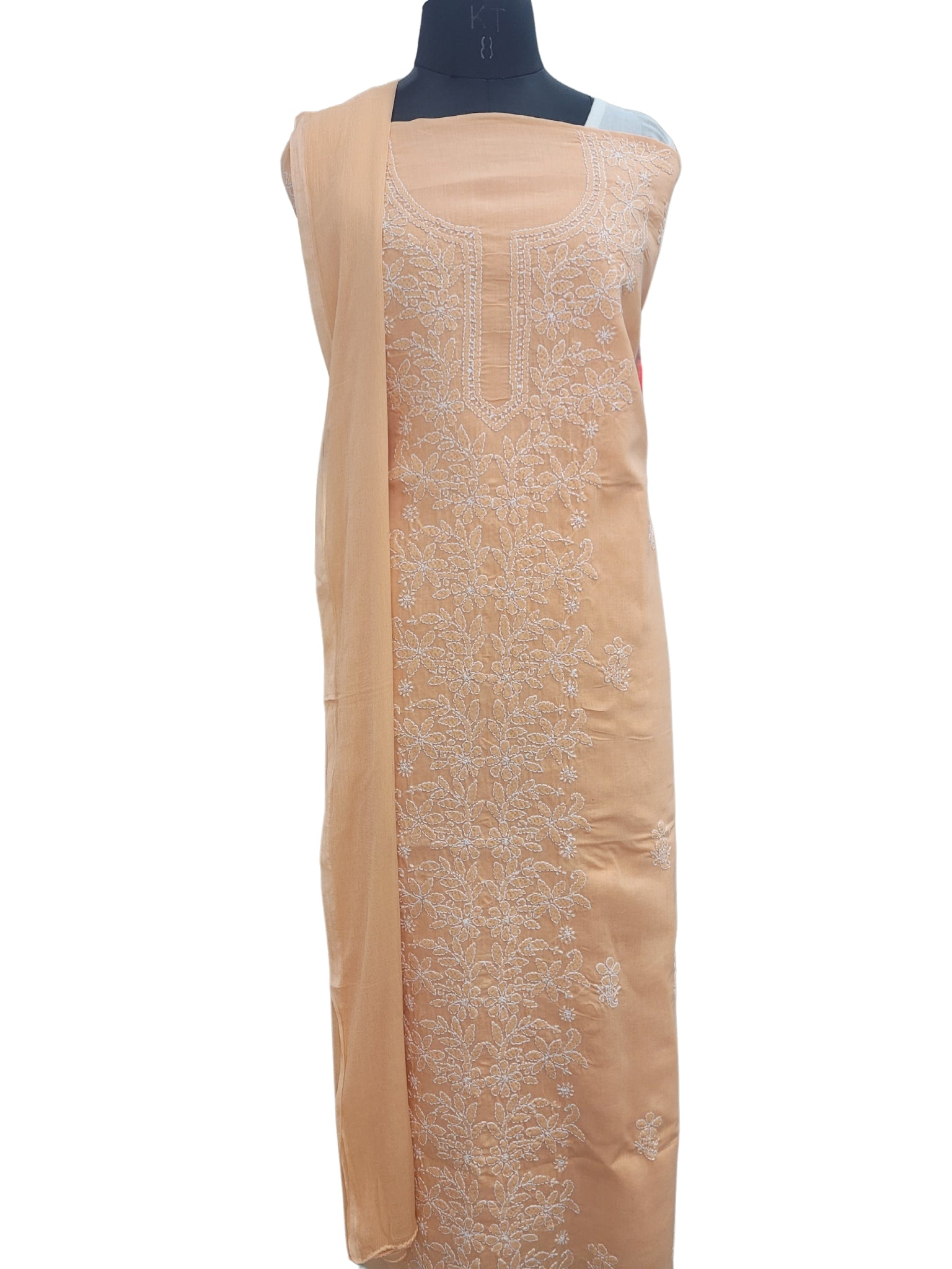 Shyamal Chikan Hand Embroidered Peach Cotton Lucknowi Chikankari Unstitched Suit Piece - S25214