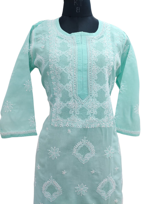 Shyamal Chikan Hand Embroidered Sea Green Cotton Lucknowi Chikankari Kurti With Jaali Work- S23536