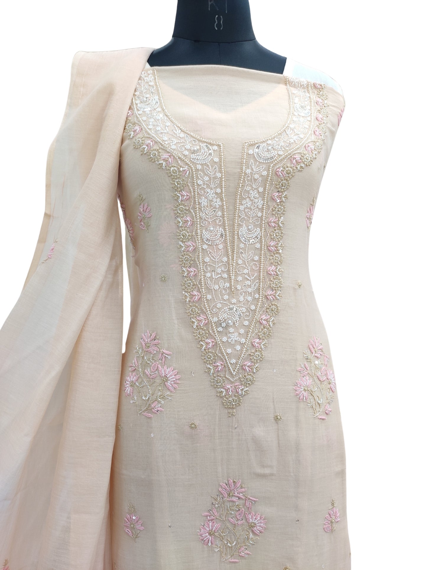 Shyamal Chikan Hand Embroidered Peach Mul Chanderi Lucknowi Chikankari Unstitched Suit Piece with Cutdana & Sequin Work (Kurta Dupatta Set) - S24432