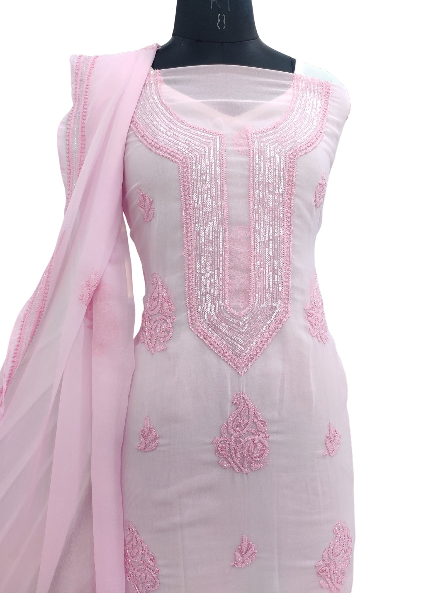 Shyamal Chikan Hand Embroidered Pink Georgette Lucknowi Chikankari Unstitched Suit Piece With Cutdana & Sequin Work - S24376