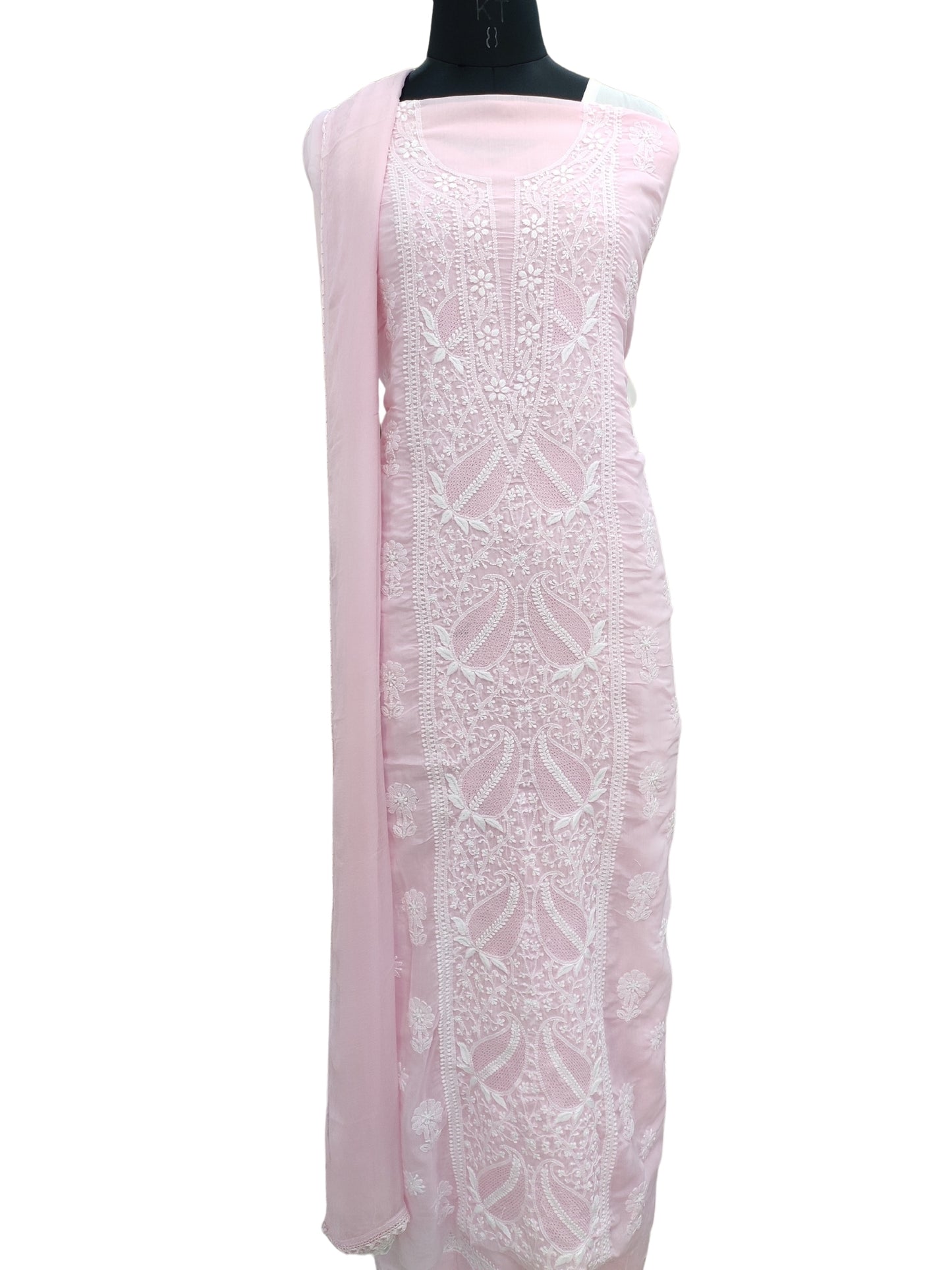 Shyamal Chikan Hand Embroidered Pink Cotton Lucknowi Chikankari Unstitched Suit Piece With Jaali Work- S22213