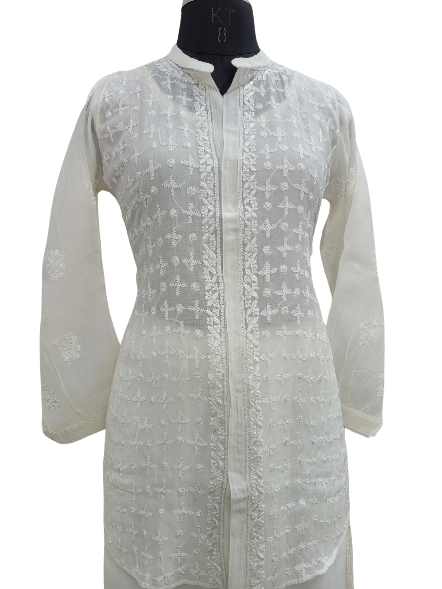 Shyamal Chikan Hand Embroidered White Mul Chanderi Lucknowi Chikankari Shirt and Pant Set - S24247