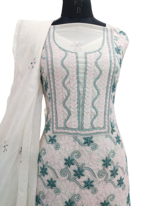 Shyamal Chikan Hand Embroidered White Mul Chanderi Lucknowi Chikankari Unstitched Suit Piece (Kurta Dupatta Set) - S20896