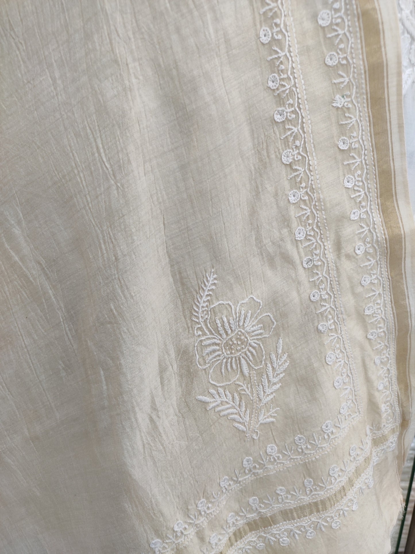 Shyamal Chikan Hand Embroidered Beige Monga Silk Lucknowi Chikankari Dupatta - S23193