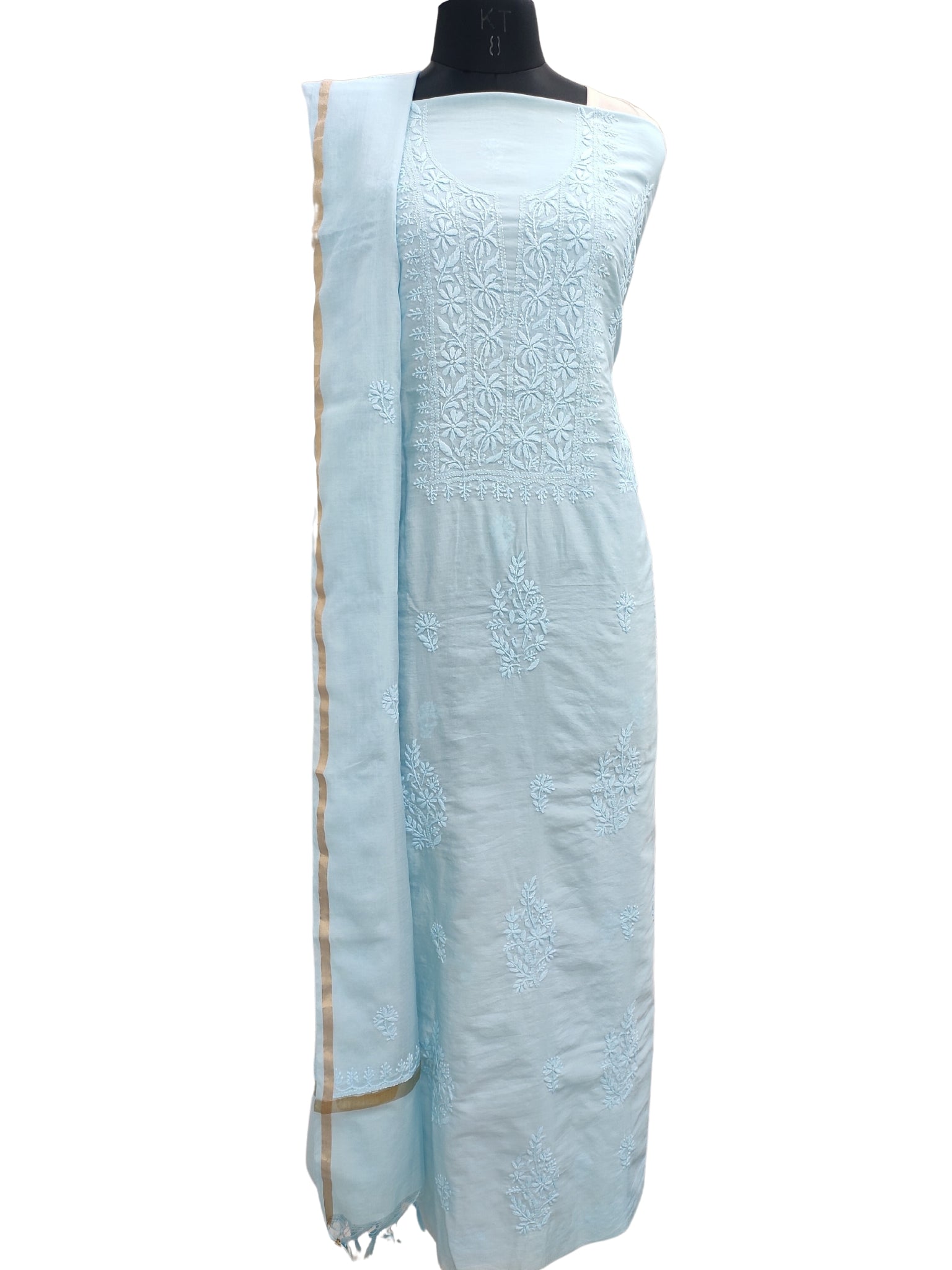 Shyamal Chikan Hand Embroidered Light Blue Chanderi Lucknowi Chikankari Unstitched Suit Piece ( Set of 2 ) - S19958