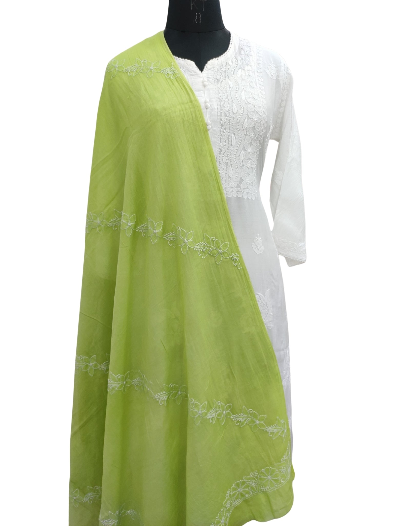 Shyamal Chikan Hand Embroidered Green Malmal Cotton Lucknowi Chikankari Dupatta - S23199