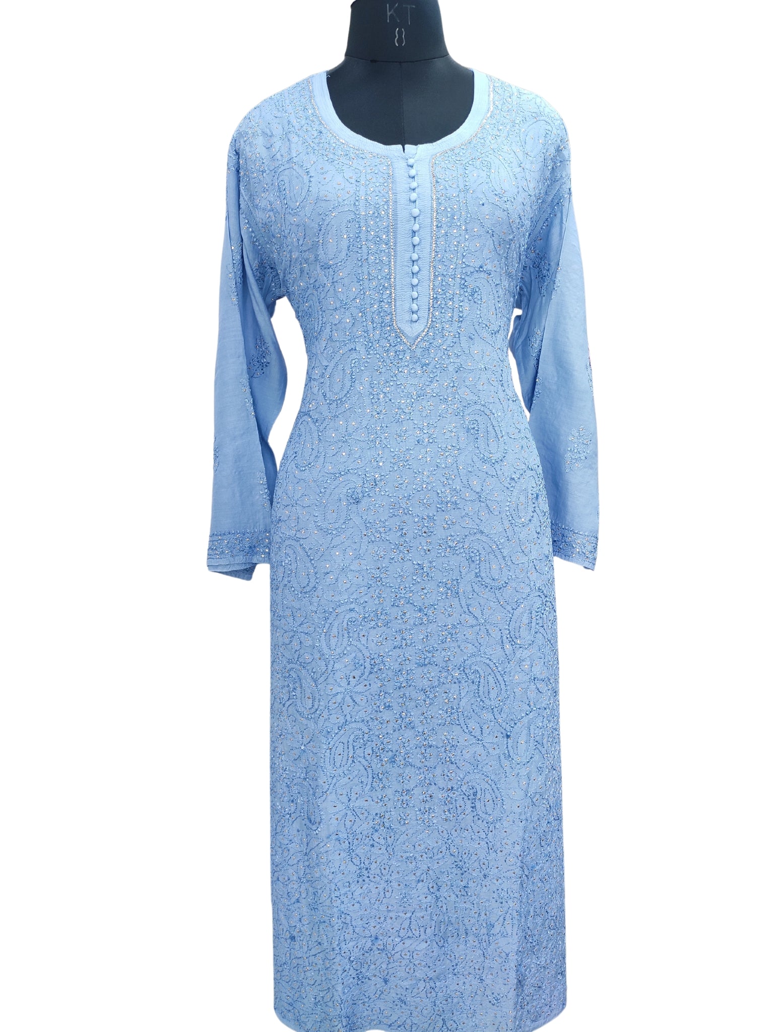 Shyamal Chikan Hand Embroidered Blue Muslin Lucknowi Chikankari Kurti With Mukaish Work - 23926