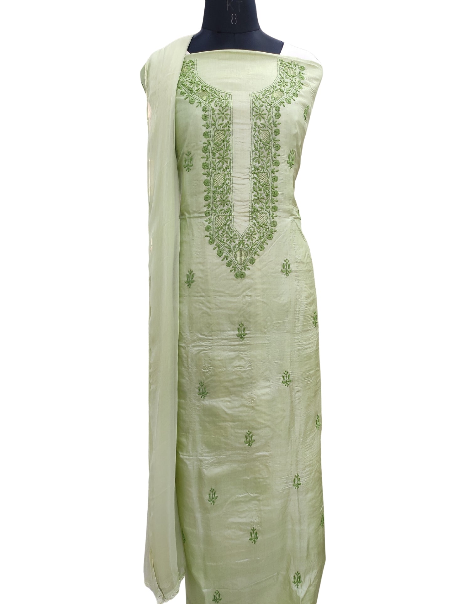 Shyamal Chikan Hand Embroidered Green Pure Tusser Silk Lucknowi Chikankari Unstitched Suit Piece (Kurta Dupatta Set) - S24556