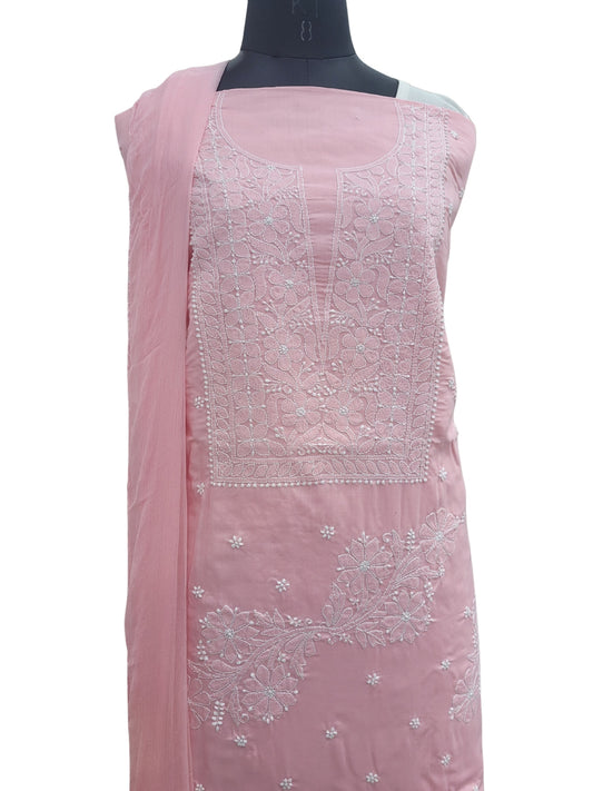 Shyamal Chikan Hand Embroidered Pink Cotton Lucknowi Chikankari Unstitched Suit Piece - S25051