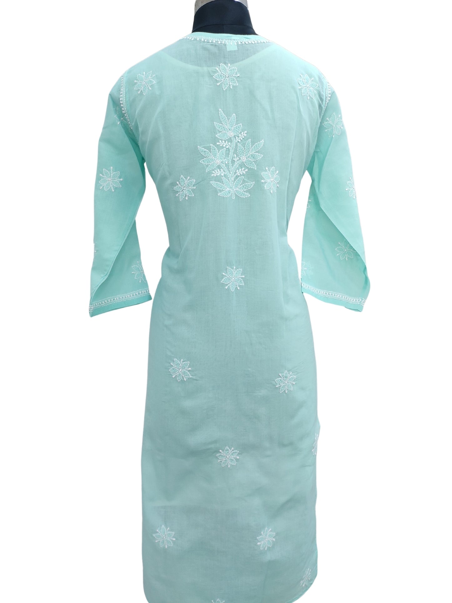 Shyamal Chikan Hand Embroidered Sea Green Cotton Lucknowi Chikankari Kurti With Jaali Work- S23536