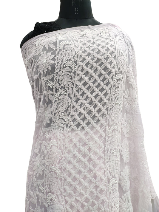 Shyamal Chikan Hand Embroidered Pink Georgette Lucknowi Chikankari Shoulder Jaal Saree With Blouse Piece - S21935