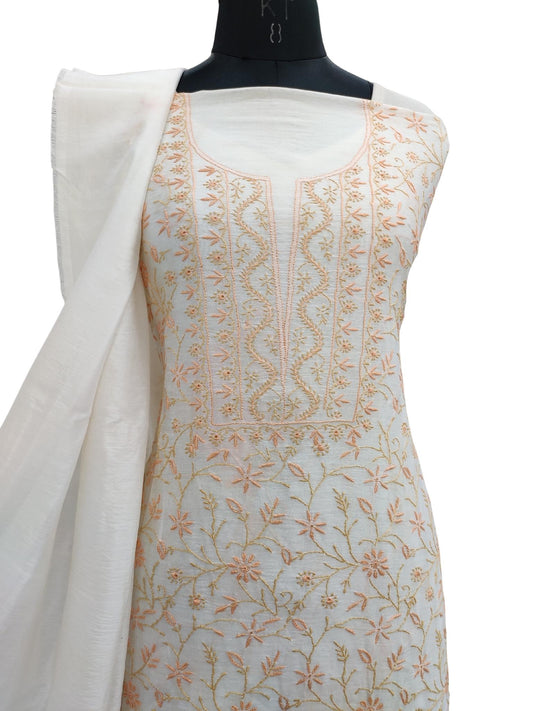 Shyamal Chikan Hand Embroidered White Chanderi Lucknowi Chikankari Unstitched Suit Piece with Pearl & Sequin Work (Kurta Dupatta Set) - S20988