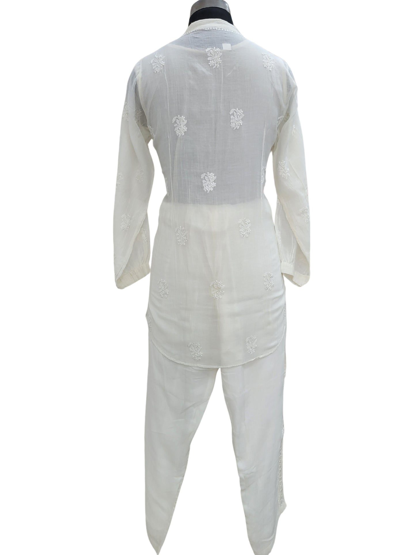 Shyamal Chikan Hand Embroidered White Mul Chanderi Lucknowi Chikankari Shirt and Pant Set - S24247