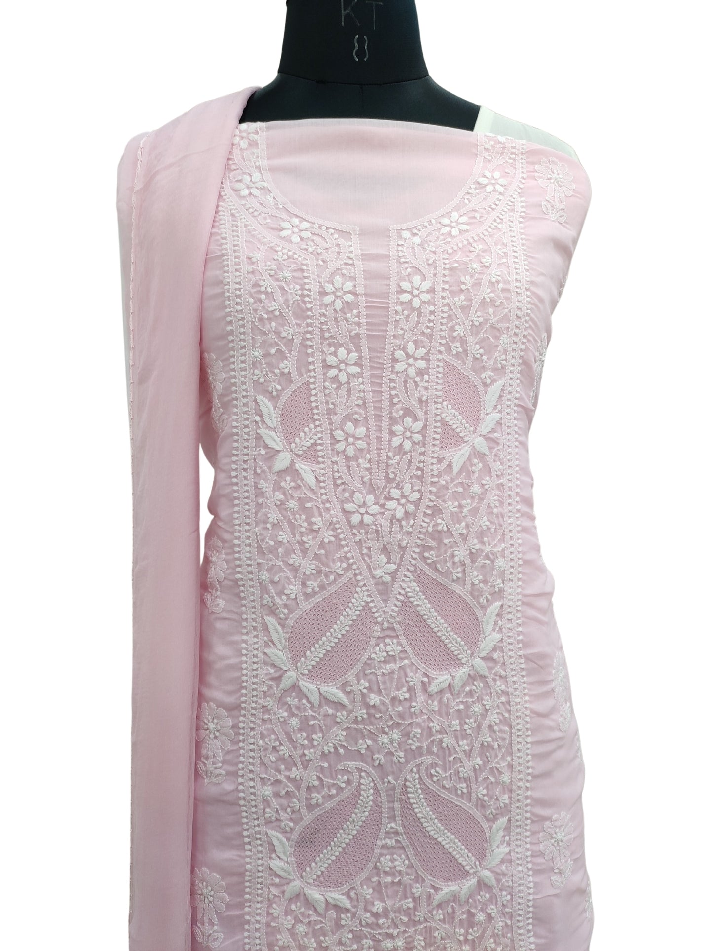 Shyamal Chikan Hand Embroidered Pink Cotton Lucknowi Chikankari Unstitched Suit Piece With Jaali Work- S22213