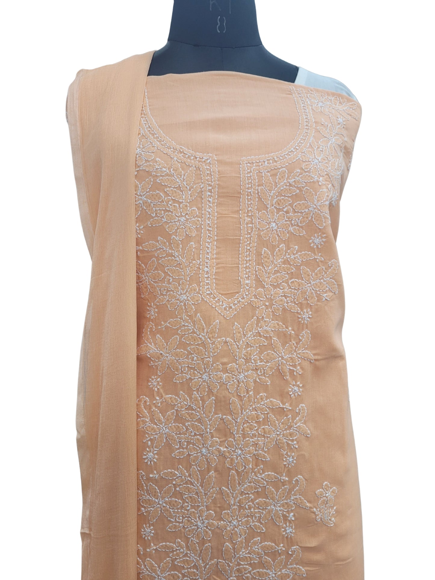 Shyamal Chikan Hand Embroidered Peach Cotton Lucknowi Chikankari Unstitched Suit Piece - S25214