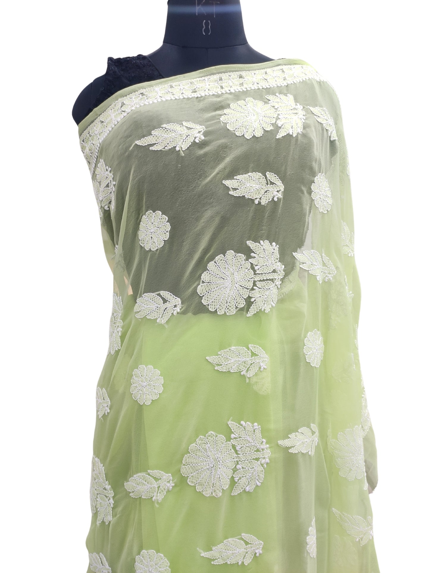 Shyamal Chikan Hand Embroidered Green Georgette Lucknowi Chikankari Saree With Blouse Piece - 23839