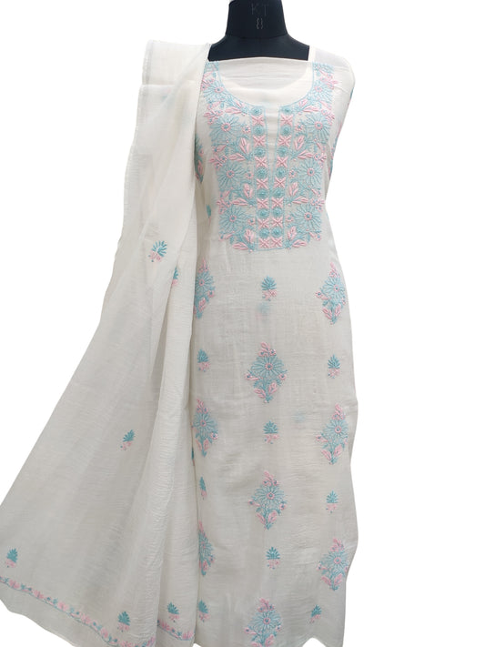 Shyamal Chikan Hand Embroidered White Mul Chanderi Lucknowi Chikankari Unstitched Suit Piece (Kurta Dupatta Set) - S22875