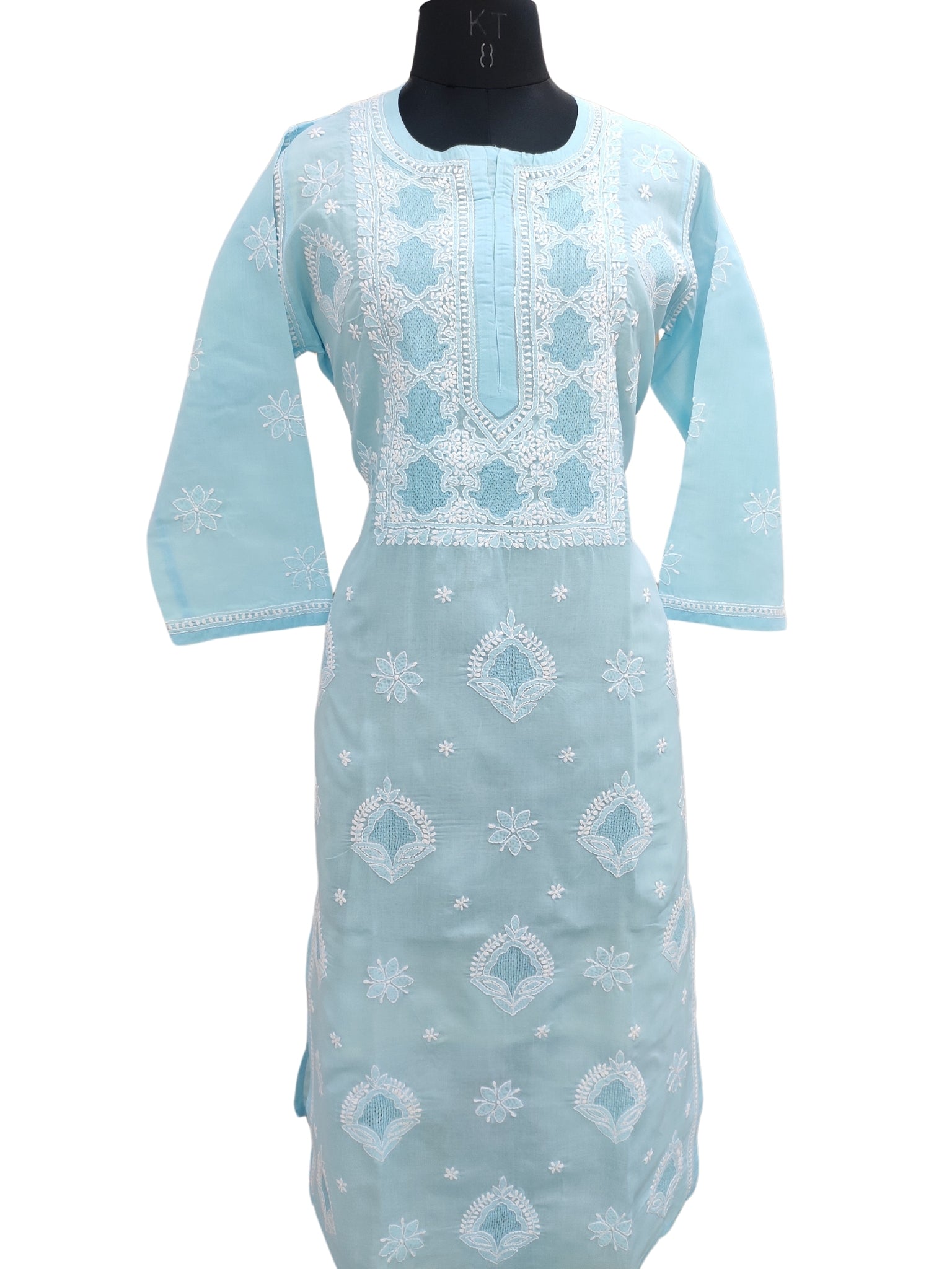 Shyamal Chikan Hand Embroidered Blue Cotton Lucknowi Chikankari Kurti With Jaali Work- S23535