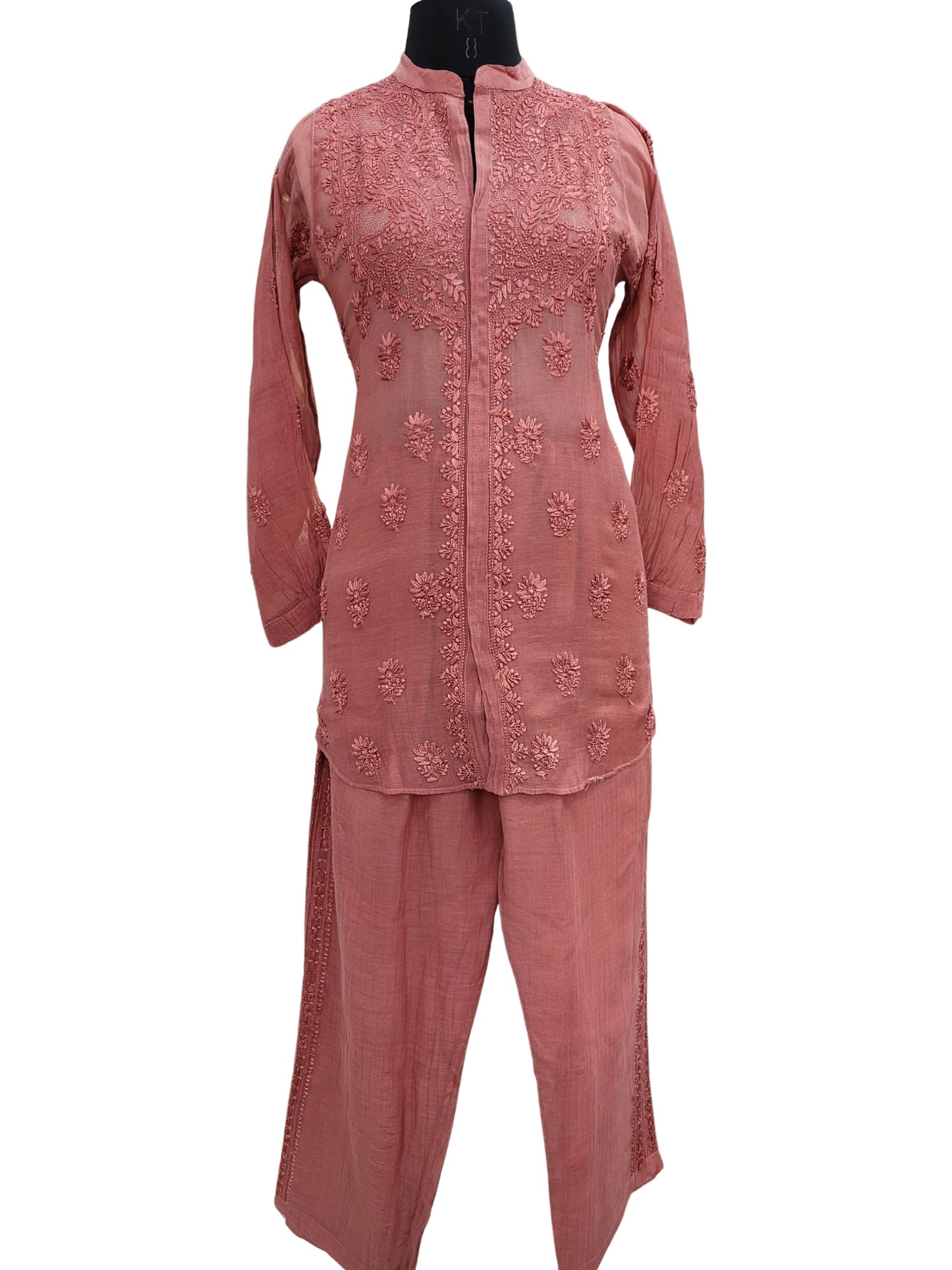 Shyamal Chikan Hand Embroidered Cherry Red Mul Chanderi Lucknowi Chikankari Shirt and Pant Set - S24244