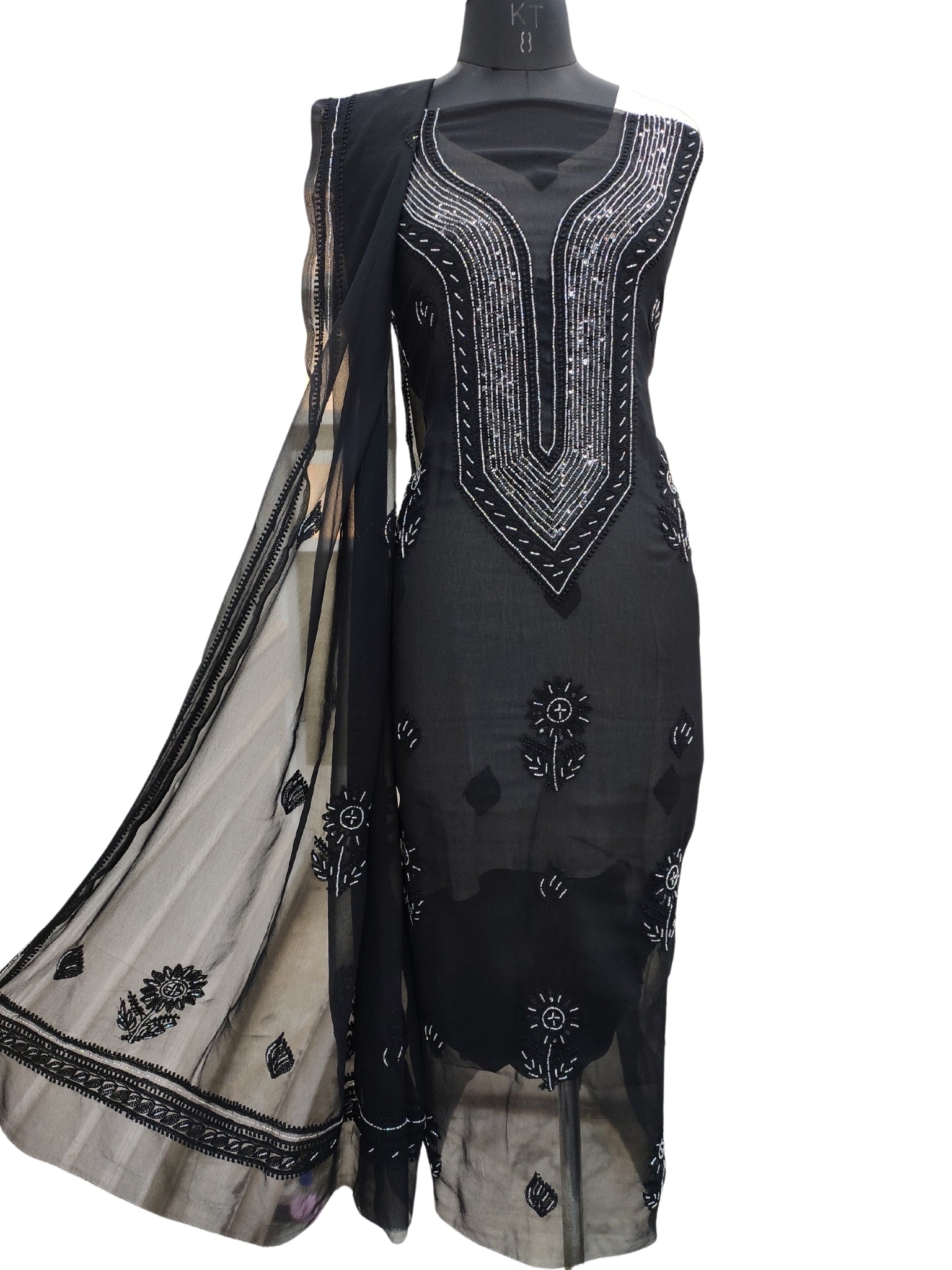 Shyamal Chikan Hand Embroidered Black Georgette Lucknowi Chikankari Unstitched Suit Piece With Cutdana & Sequin Work - S24374