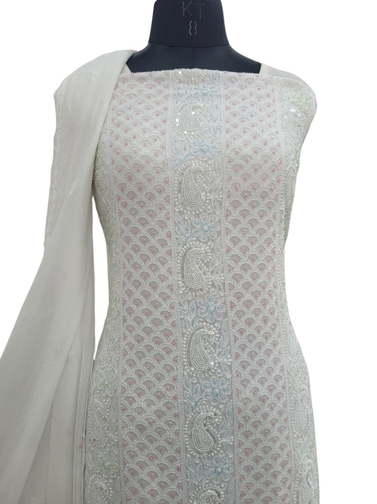 Shyamal Chikan Hand Embroidered White Viscose Georgette Lucknowi Chikankari Unstitched Suit Piece With Pearl and Cutdana Work ( Kurta  Dupatta Set) - S24998