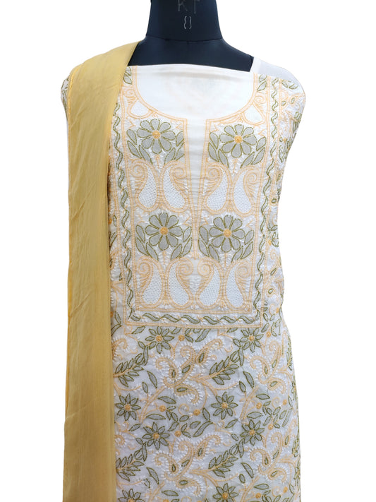 Shyamal Chikan Hand Embroidered White Pure Cotton Lucknowi Chikankari Unstitched Suit Piece - S22453