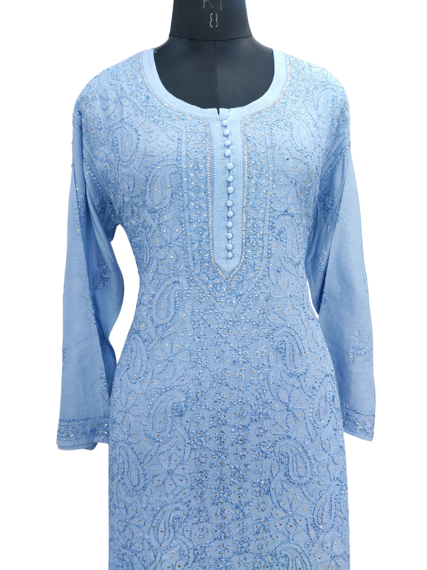 Shyamal Chikan Hand Embroidered Blue Muslin Lucknowi Chikankari Kurti With Mukaish Work - 23926