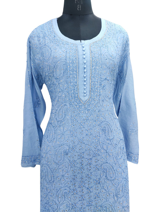 Shyamal Chikan Hand Embroidered Blue Muslin Lucknowi Chikankari Kurti With Mukaish Work - S23926