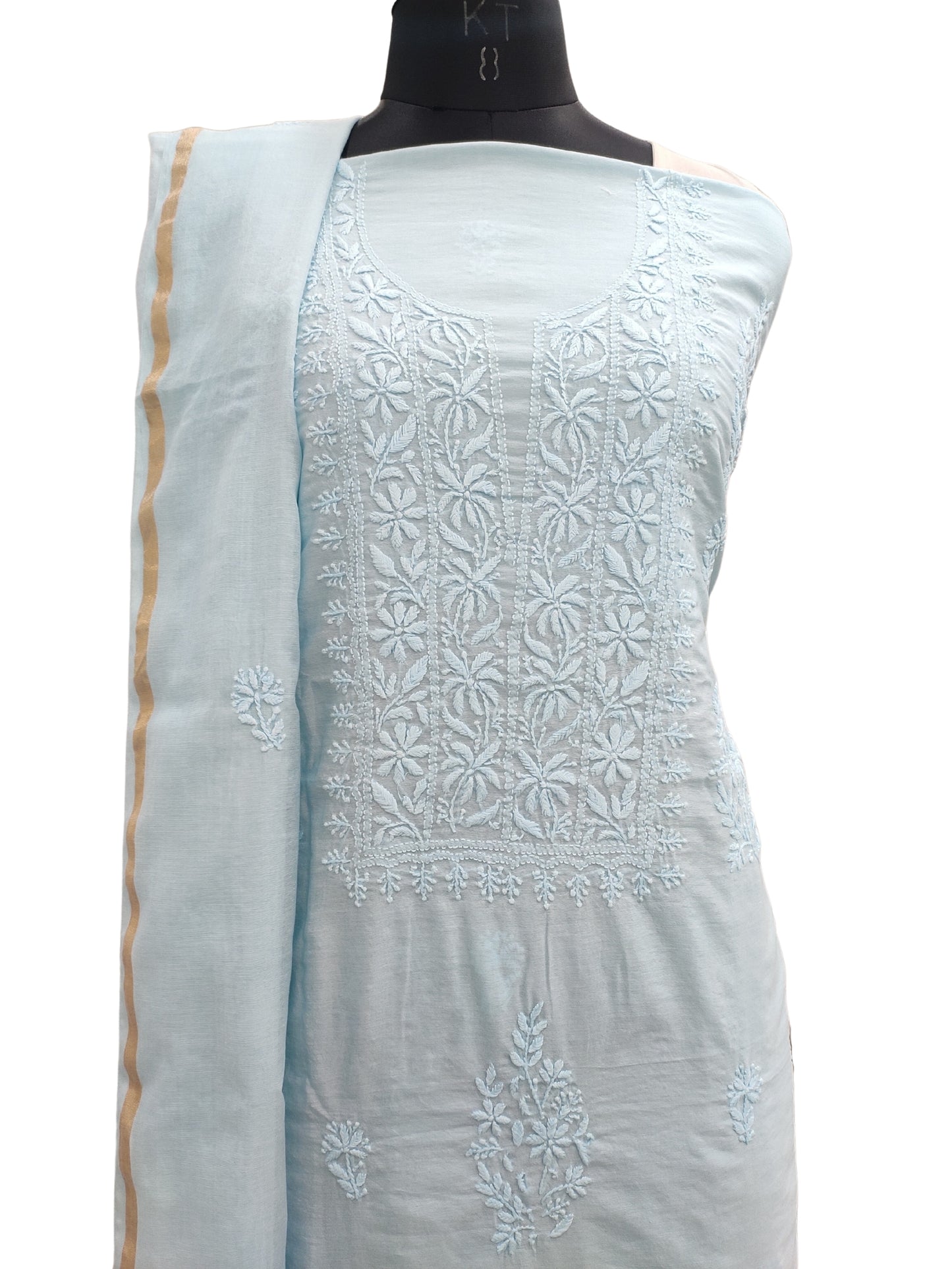 Shyamal Chikan Hand Embroidered Light Blue Chanderi Lucknowi Chikankari Unstitched Suit Piece ( Kurta Dupatta Set) - S19958