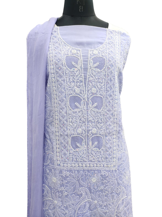 Shyamal Chikan Hand Embroidered Lavender Cotton Lucknowi Chikankari Unstitched Suit Piece With Pearl Sequin & Cutdana Work - S24325