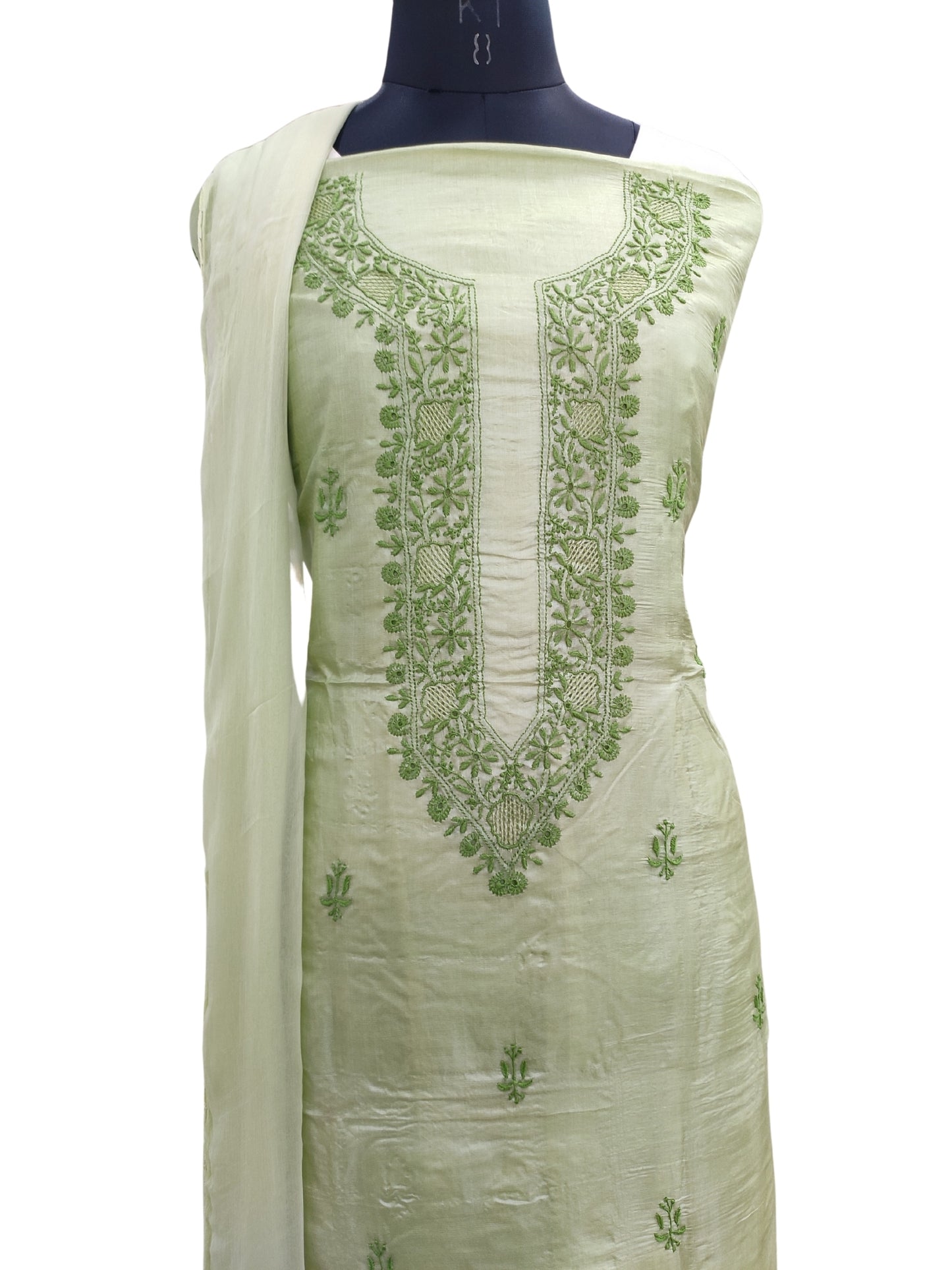 Shyamal Chikan Hand Embroidered Green Pure Tusser Silk Lucknowi Chikankari Unstitched Suit Piece (Kurta Dupatta Set) - S24556