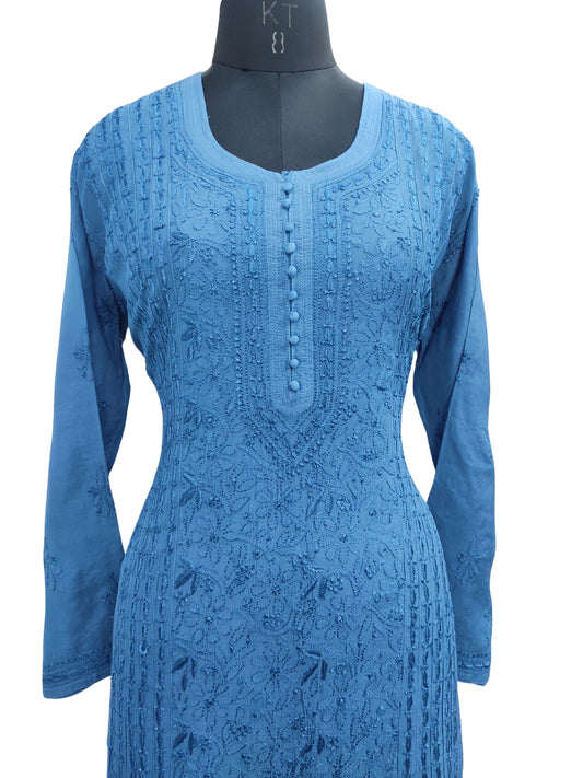 Shyamal Chikan Hand Embroidered Peacock Blue Muslin Lucknowi Chikankari Kurti - S24230