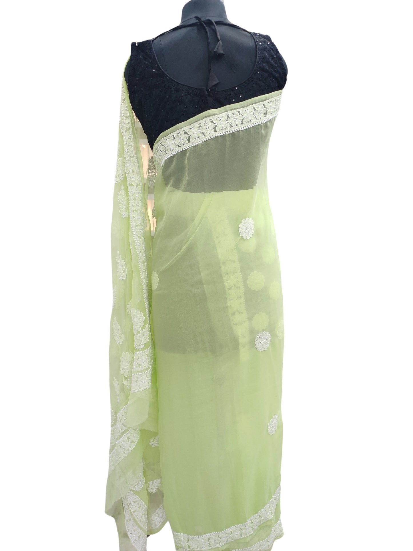 Shyamal Chikan Hand Embroidered Green Georgette Lucknowi Chikankari Saree With Blouse Piece - 23839