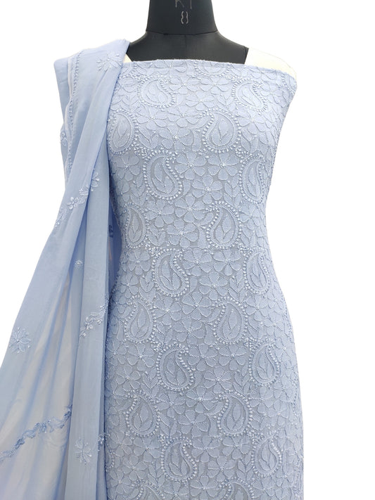 Shyamal Chikan Hand Embroidered Blue Viscose Georgette Lucknowi Chikankari Unstitched Suit Piece ( Kurta Dupatta Set ) - 23235