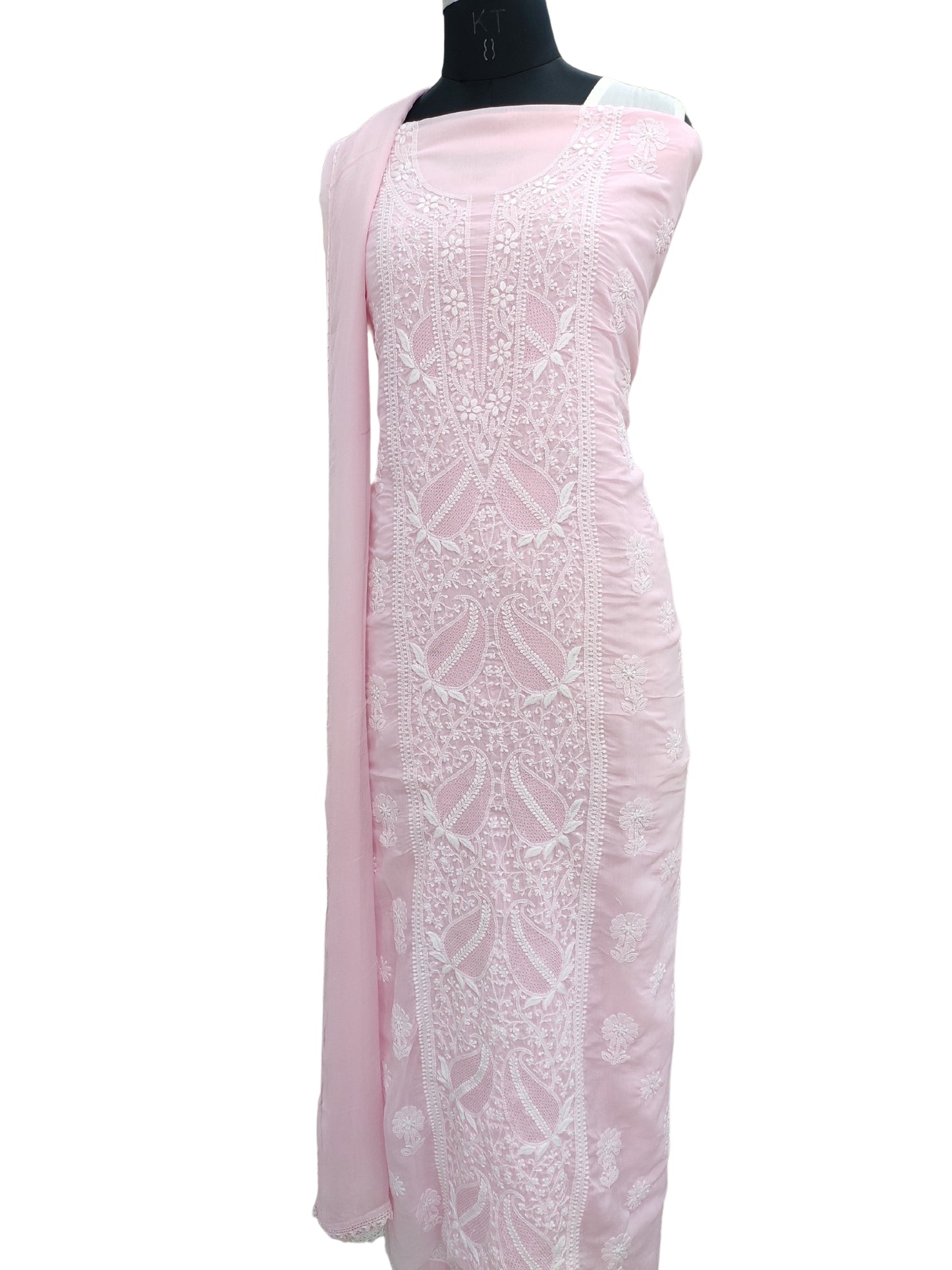 Shyamal Chikan Hand Embroidered Pink Cotton Lucknowi Chikankari Unstitched Suit Piece With Jaali Work- S22213
