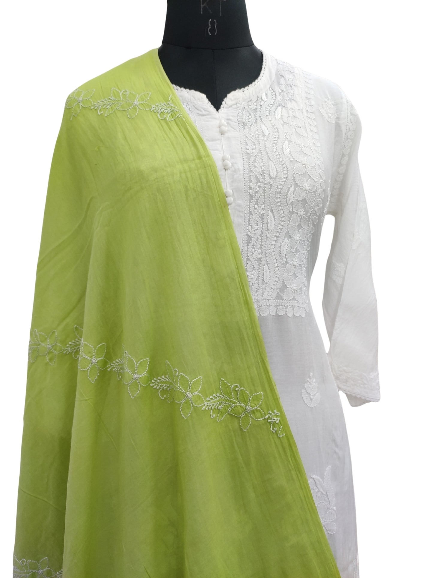 Shyamal Chikan Hand Embroidered Green Malmal Cotton Lucknowi Chikankari Dupatta - S23199