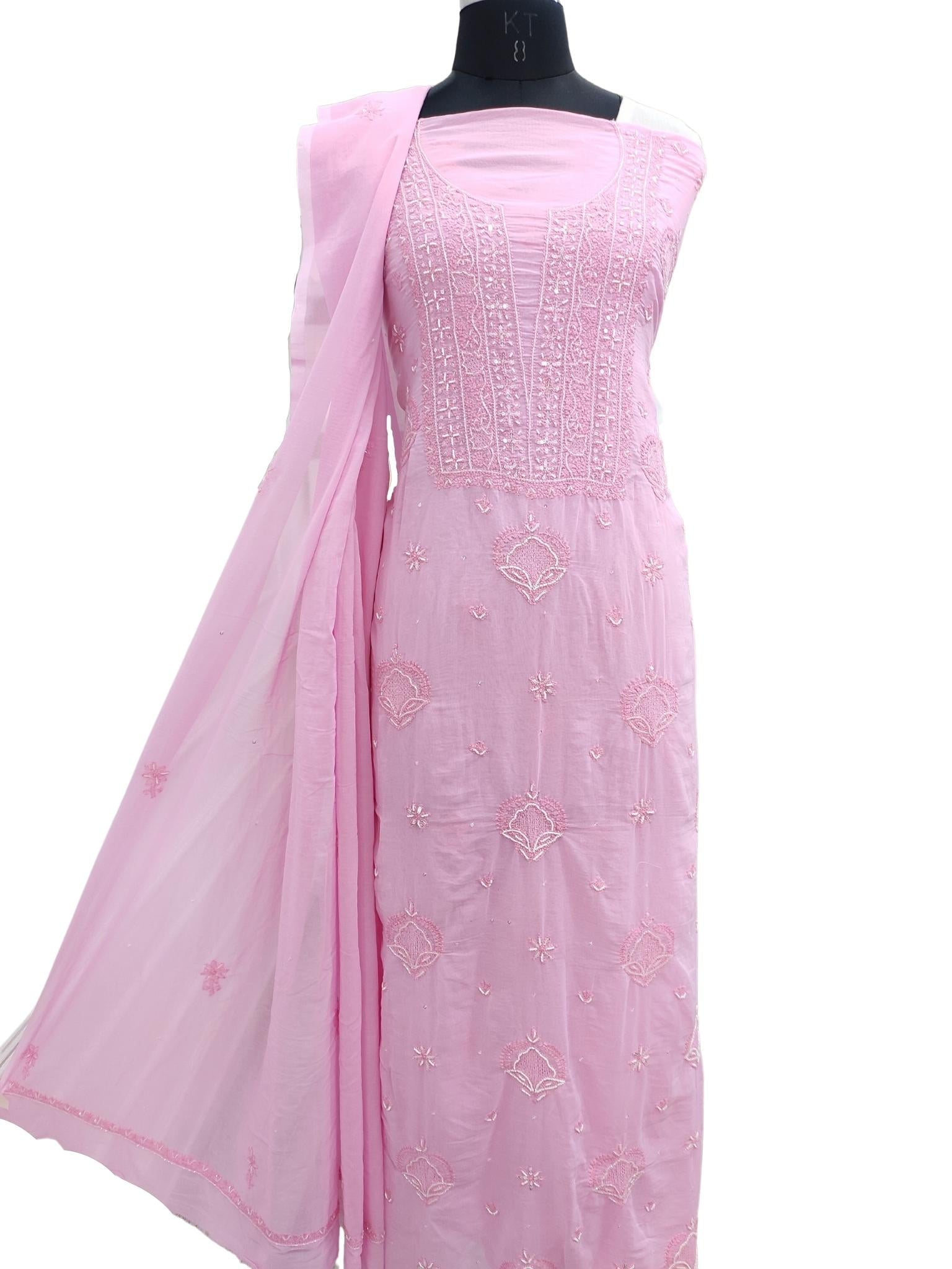 Shyamal Chikan Hand Embroidered Pink Pure Cotton Lucknowi Chikankari Unstitched Suit Piece With Pearl Sequin & Cutdana Work( Kurta Duptta Set ) - S17390