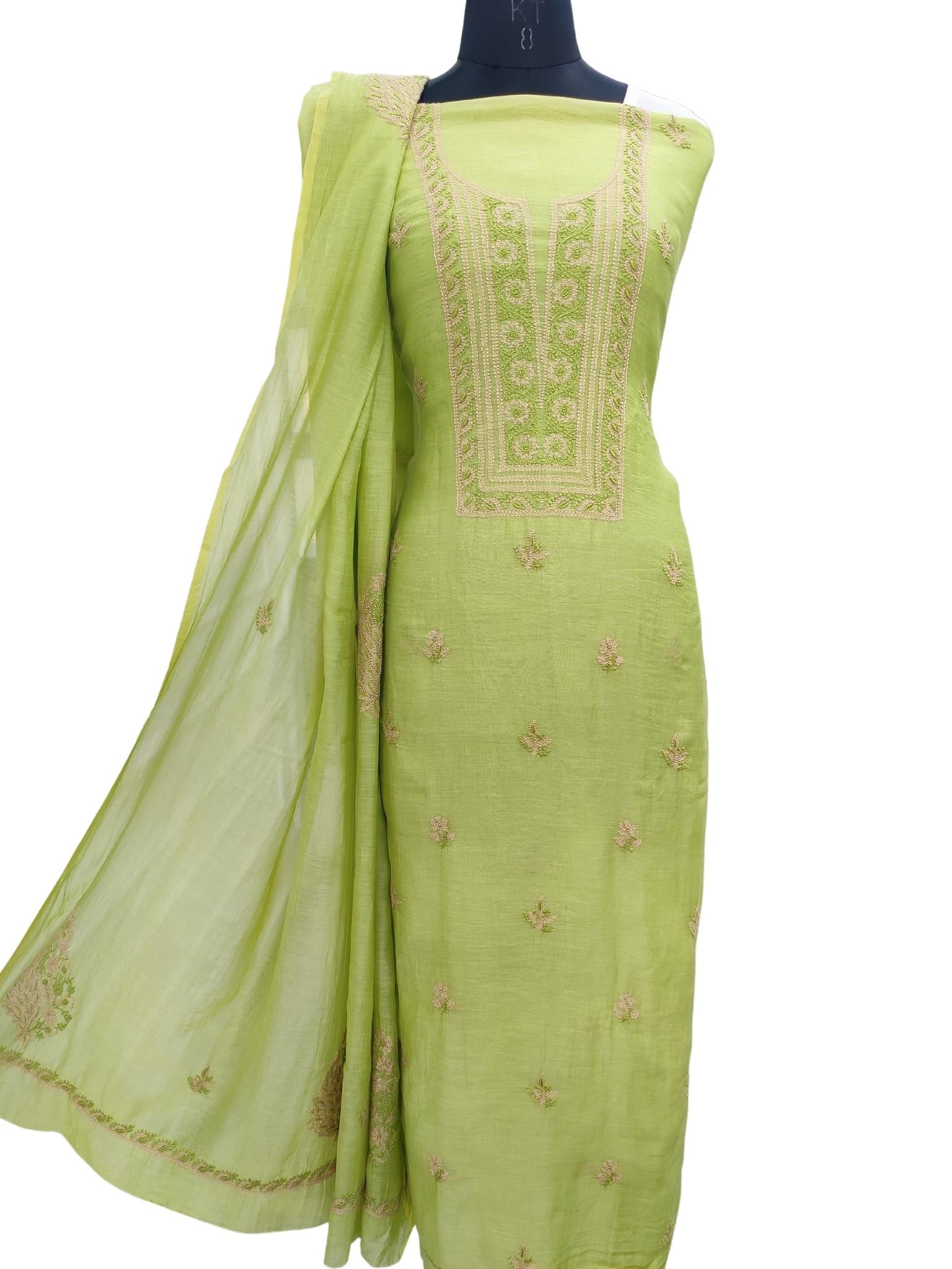 Shyamal Chikan Hand Embroidered Green Mulmul Chanderi Lucknowi Chikankari Unstitched Suit Piece ( Kurta Dupatta Set ) - S20922