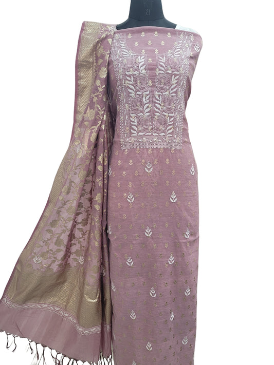 Shyamal Chikan Hand Embroidered Wine Chanderi Lucknowi Chikankari Unstitched Suit Piece ( Kurta Dupatta Set ) S25232