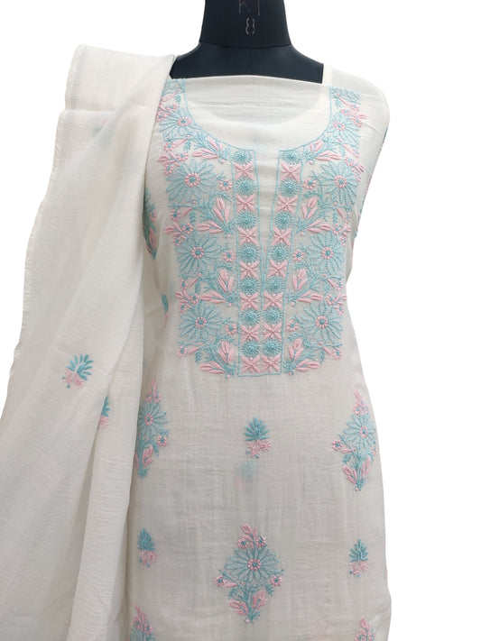 Shyamal Chikan Hand Embroidered White Mul Chanderi Lucknowi Chikankari Unstitched Suit Piece (Kurta Dupatta Set) - S22875