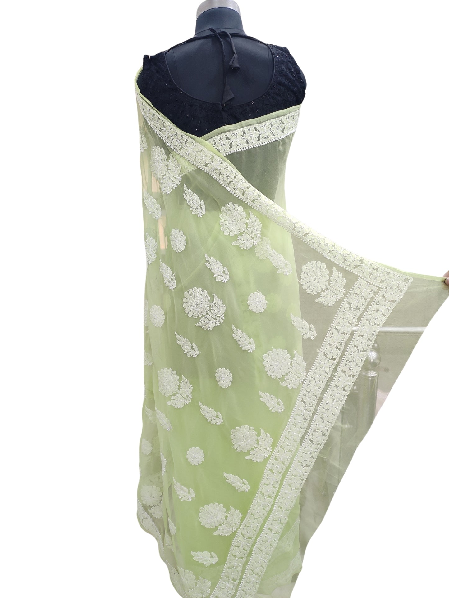 Shyamal Chikan Hand Embroidered Green Georgette Lucknowi Chikankari Saree With Blouse Piece - 23839