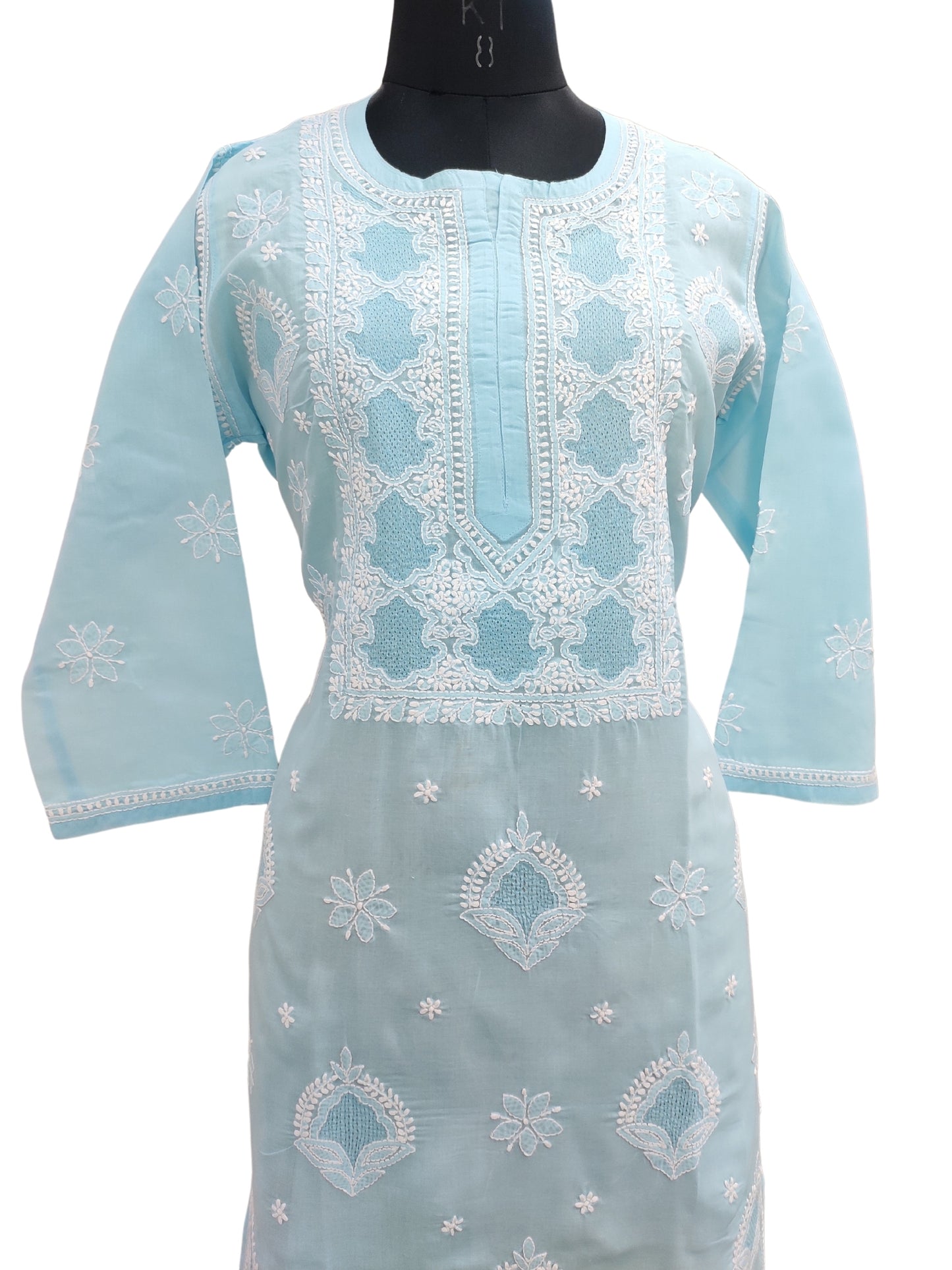 Shyamal Chikan Hand Embroidered Blue Cotton Lucknowi Chikankari Kurti With Jaali Work- S23535