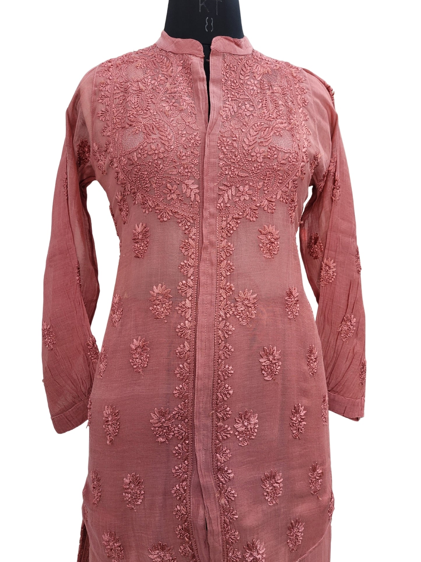 Shyamal Chikan Hand Embroidered Cherry Red Mul Chanderi Lucknowi Chikankari Shirt and Pant Set - S24244