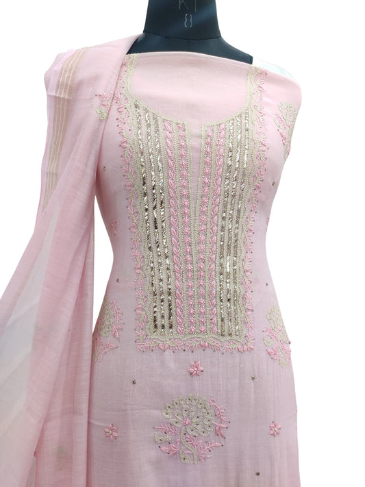 Shyamal Chikan Hand Embroidered Pink Mul Chanderi Lucknowi Chikankari Unstitched Suit Piece With Mukaish Work ( Kurta Dupatta Set)  - S16362