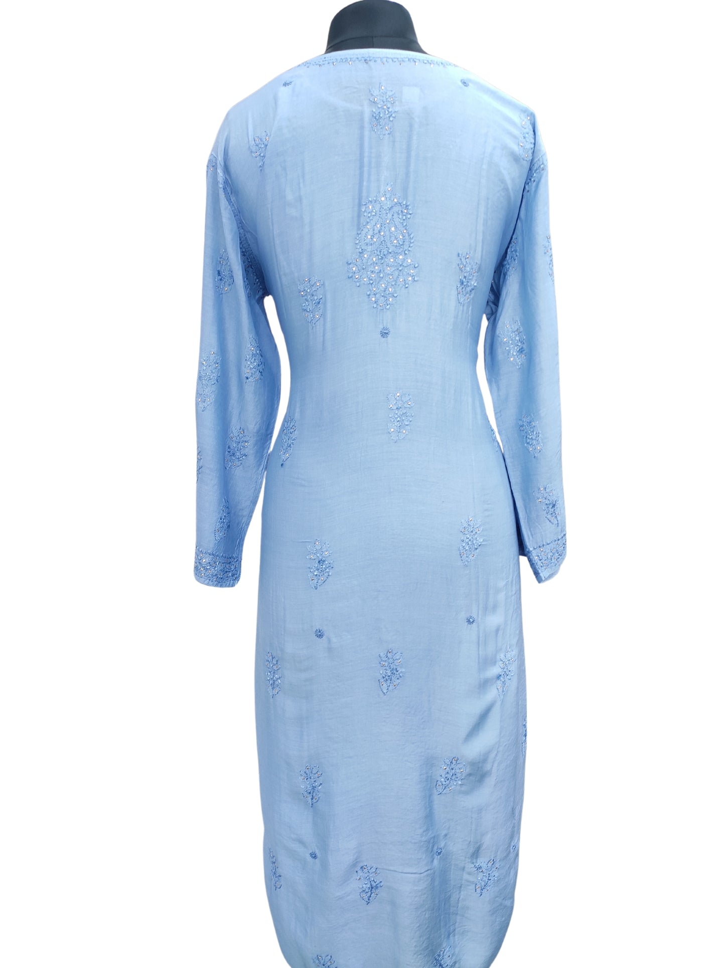 Shyamal Chikan Hand Embroidered Blue Muslin Lucknowi Chikankari Kurti With Mukaish Work - 23926