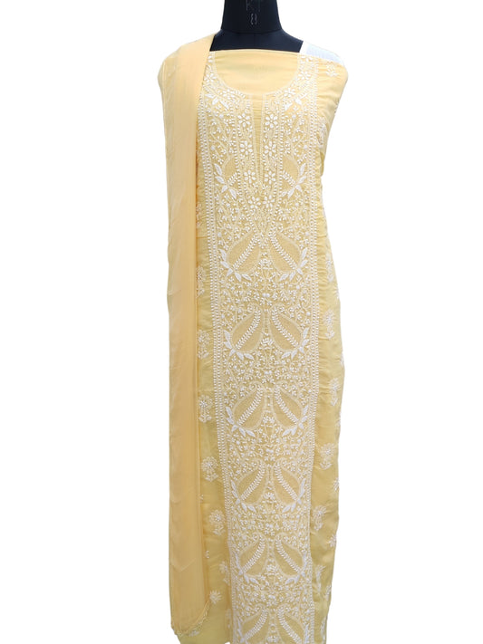 Shyamal Chikan Hand Embroidered Yellow Cotton Lucknowi Chikankari Unstitched Suit Piece With Jaali Work- S22216