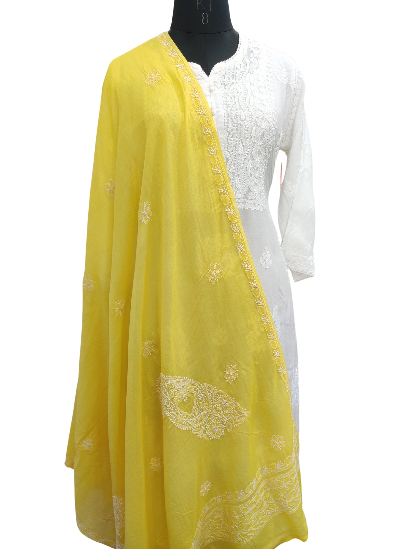 Shyamal Chikan Hand Embroidered Yellow Malmal Cotton Lucknowi Chikankari Dupatta - S23198