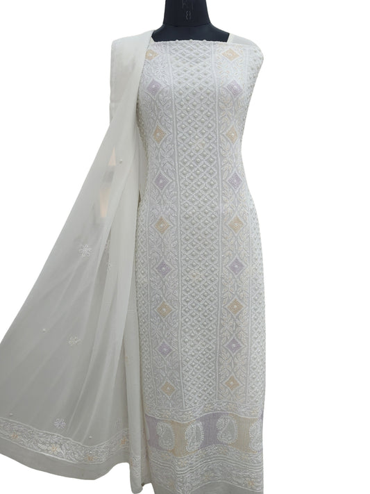 Shyamal Chikan Hand Embroidered White Viscose Georgette Lucknowi Chikankari Unstitched Suit Piece With Pearl and Cutdana Work ( Kurta  Dupatta Set) - S24999