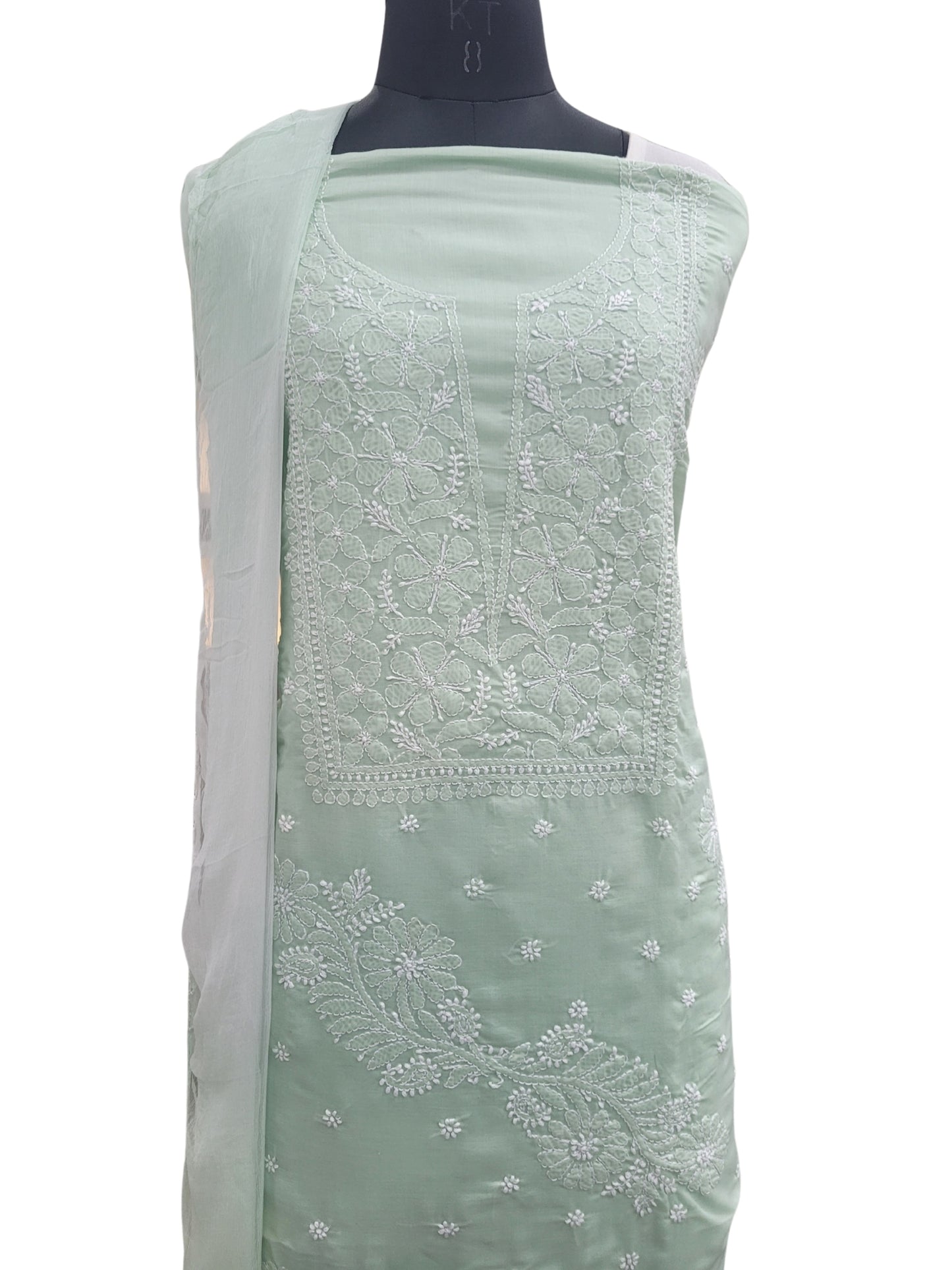 Shyamal Chikan Hand Embroidered Green Cotton Lucknowi Chikankari Unstitched Suit Piece - S25060